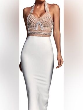 Beaded Halter Bodice White Column Midi Dress